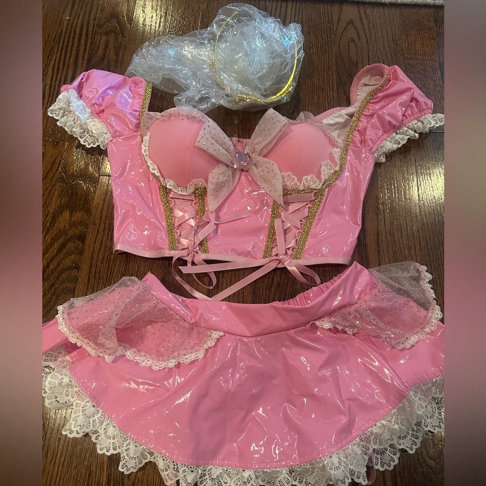 NWT Dolls Kill Pink Vinyl Lace-Up Two-Piece Skirt Set
